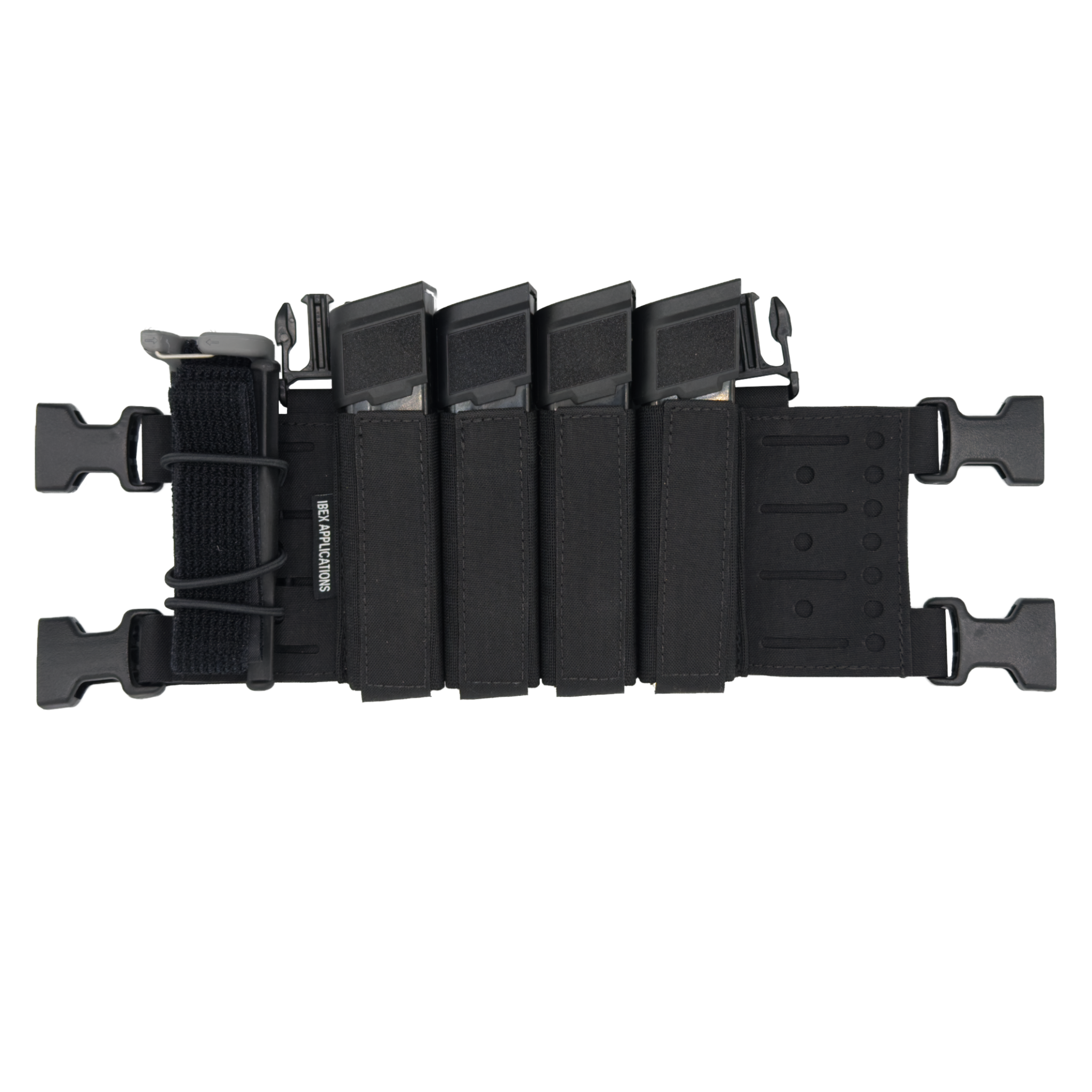 Radier Rig Lite, a Flux Raider 365 chest rig platform, accessory to Flux Raider 365, staged as loaded with a Snakstaff Systems TQ, in Black