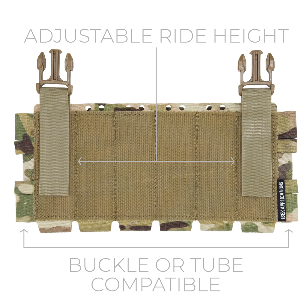 Rear view of Raider Rig 2.0 demonstrating adjustable ride, VELCRO backing, and compatibility with side release buckles for FirstSpear Tubes 